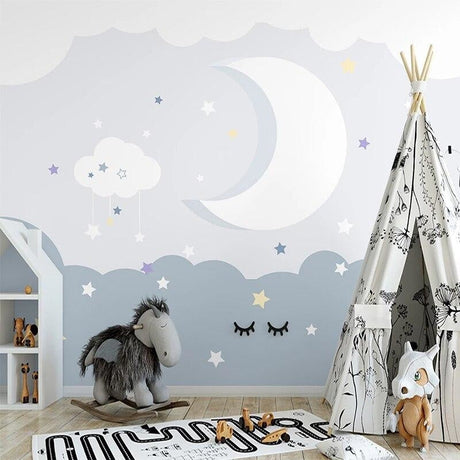 Night sky cloud wallpaper creating a cozy atmosphere in a modern nursery with soft lighting