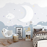 Dreamy cloud mural installation in a peaceful reading nook with ambient lighting