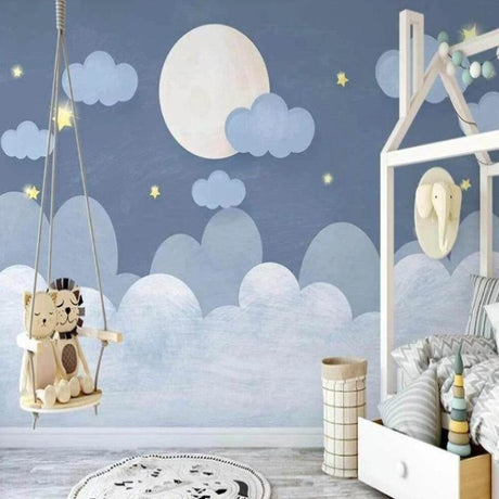 Dreamy night sky wallpaper creating a peaceful atmosphere in a modern nursery with soft lighting and gentle moon glow