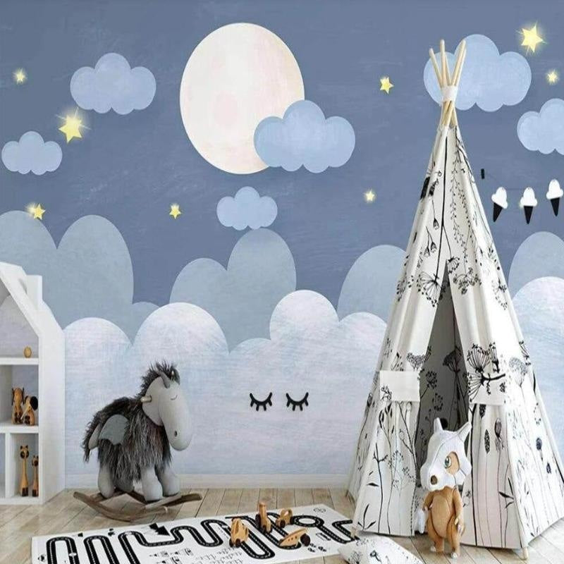 Night sky wallpaper bringing calm and wonder to a reading nook with moonlit clouds and twinkling stars
