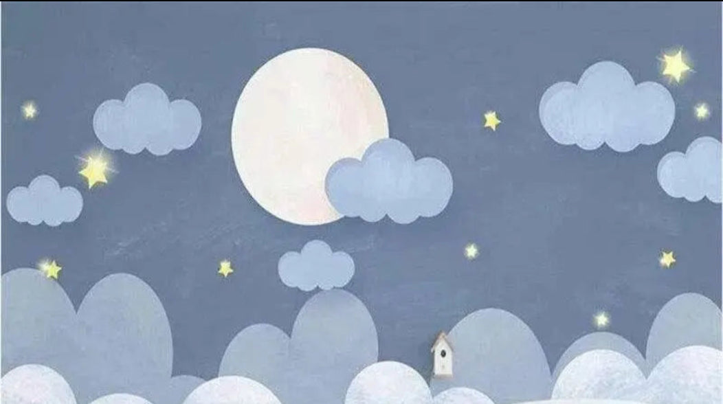 Design file of night sky wallpaper pattern showing detailed moon, clouds and star elements