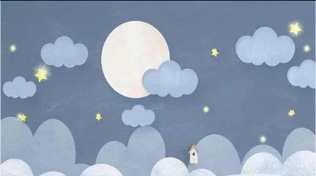 Design file of night sky wallpaper pattern showing detailed moon, clouds and star elements