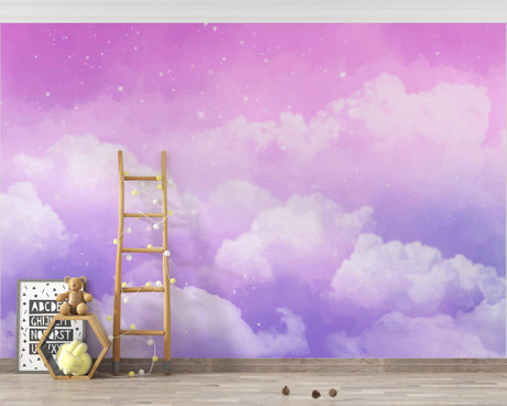 Purple cloud wallpaper creating a magical atmosphere in a cozy bedroom with soft lighting