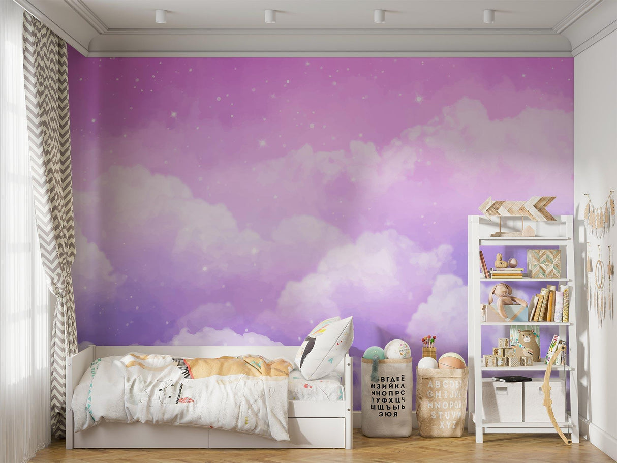 Dreamy purple sky mural adding depth to a modern nursery with white furniture