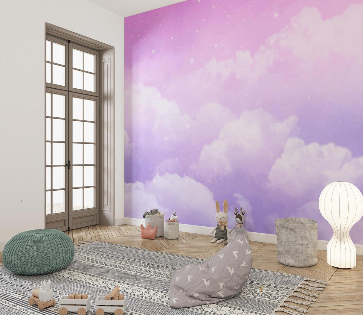 Starry cloud wallpaper transforming a reading nook into a peaceful retreat
