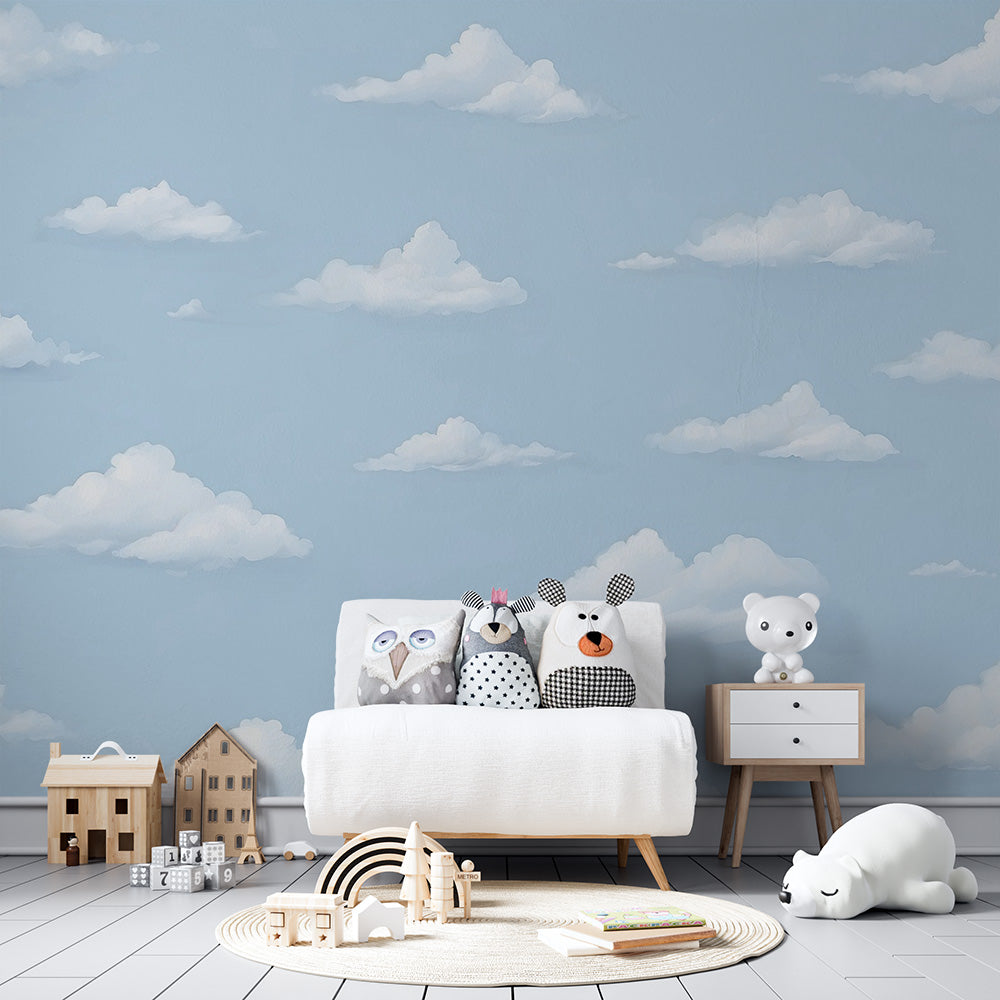 Cloud pattern wallpaper creating a peaceful atmosphere in a modern bedroom, soft blue sky design expanding the space