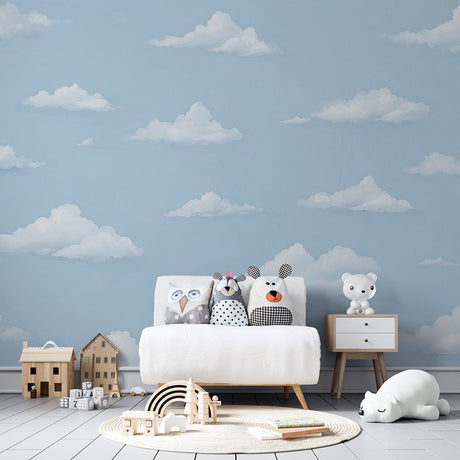 Cloud pattern wallpaper creating a peaceful atmosphere in a modern bedroom, soft blue sky design expanding the space