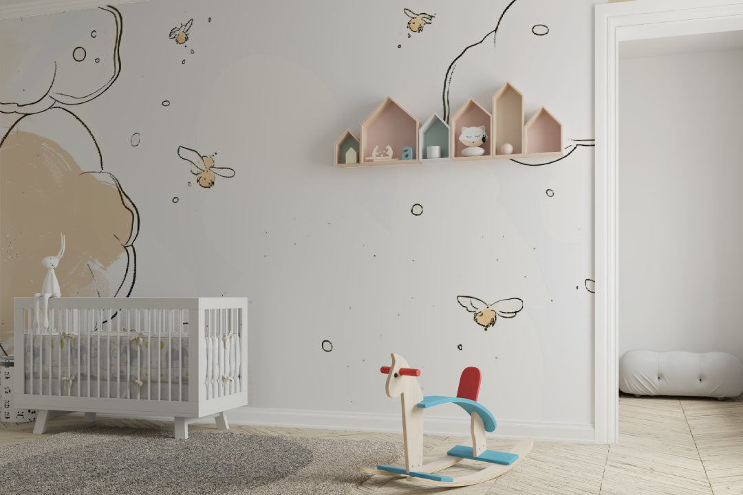 Children's bedroom featuring cloud and bee wallpaper with playful reading nook