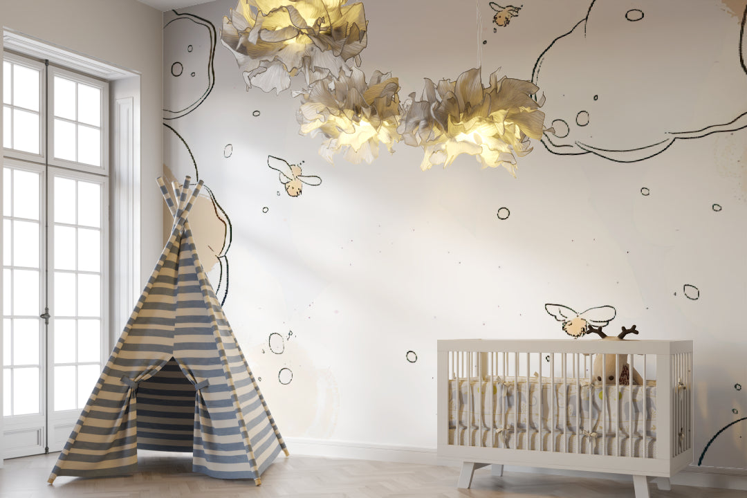 Cloud mural with honey bees displayed in a modern baby's room with neutral decor
