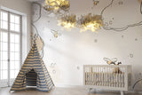 Cloud mural with honey bees displayed in a modern baby's room with neutral decor