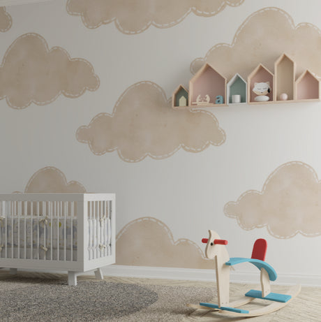 Cloud nursery wallpaper creating a soft atmosphere in a modern baby room with wooden crib