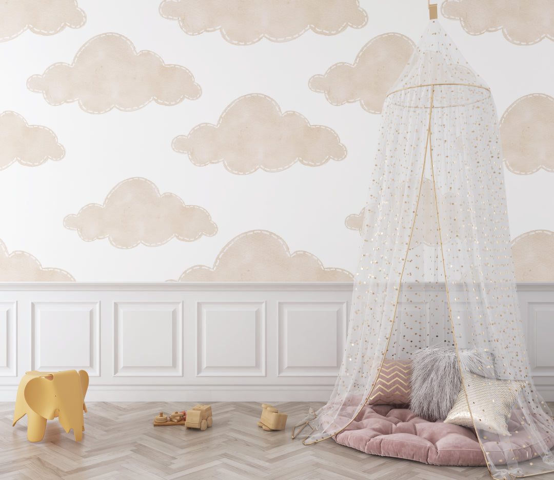 Nursery cloud mural showcased in a bright playroom setting