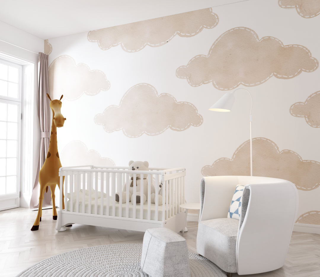 Baby room cloud wallpaper in a minimalist nursery setup
