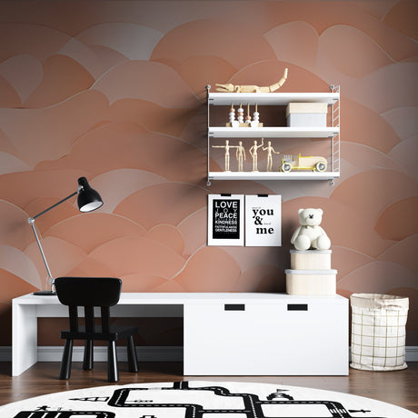 Coral abstract cloud wallpaper creating a peaceful atmosphere in a modern living room