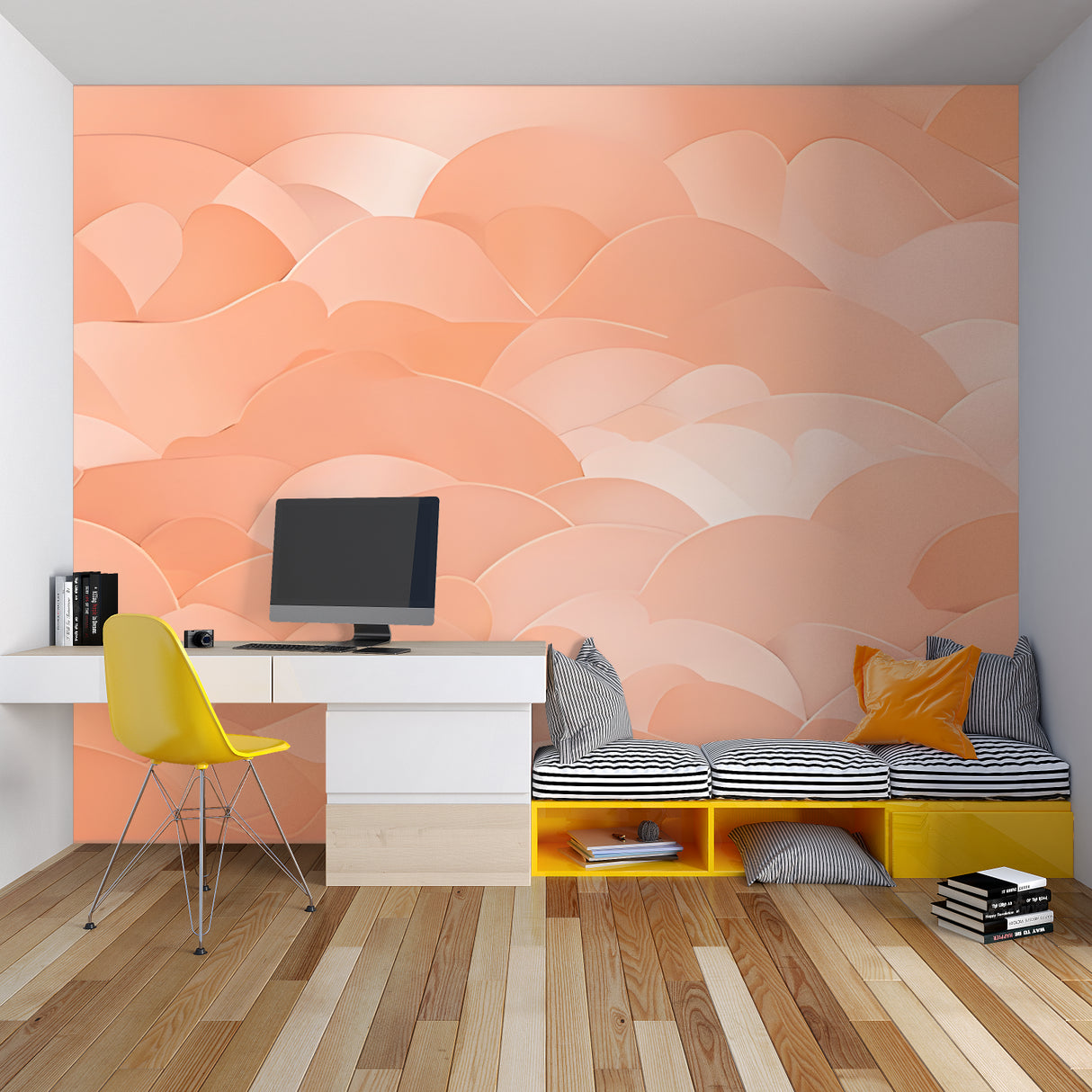 Soft coral cloud pattern mural wallpaper in a cozy bedroom setting