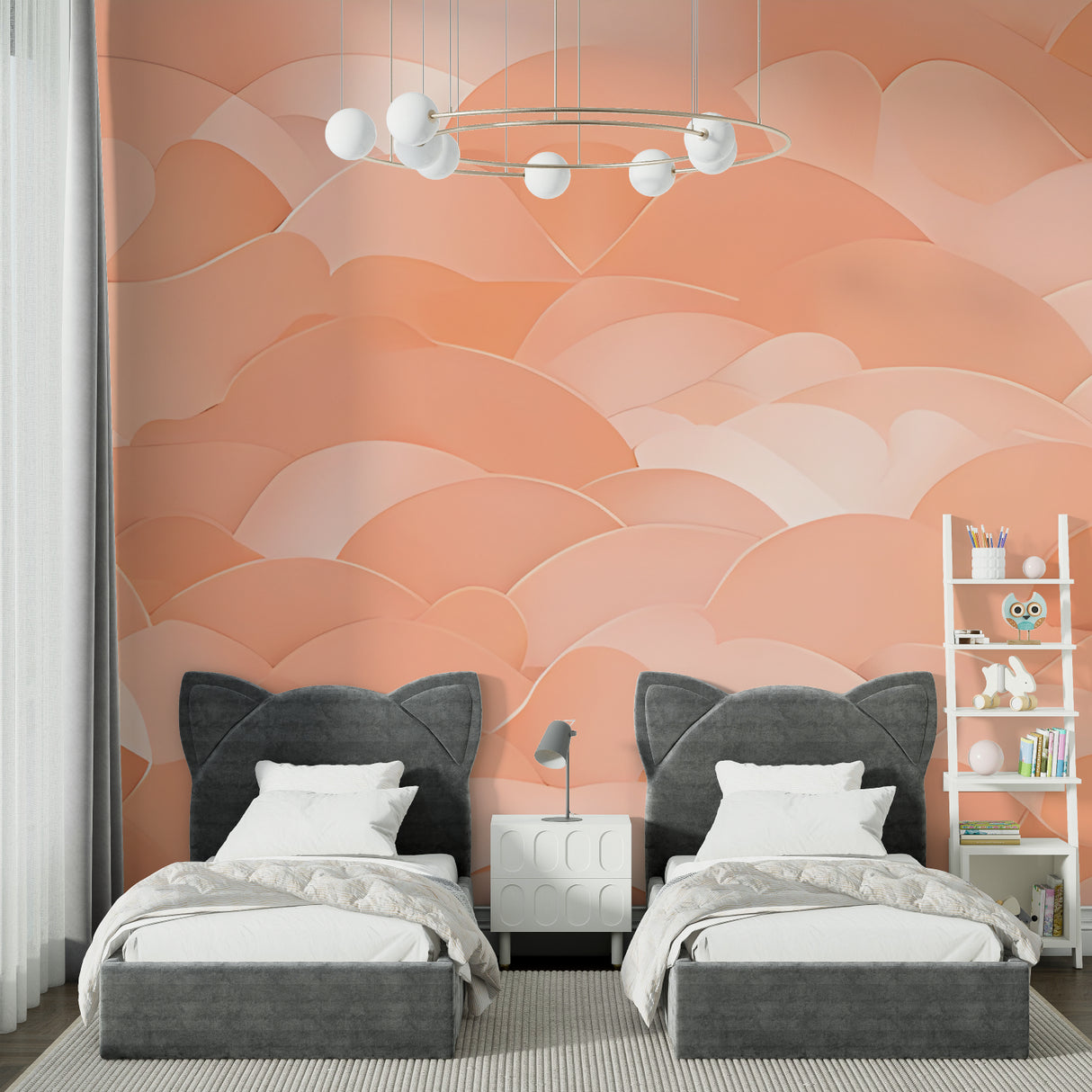 Modern coral abstract wallpaper showcased in a minimalist dining room