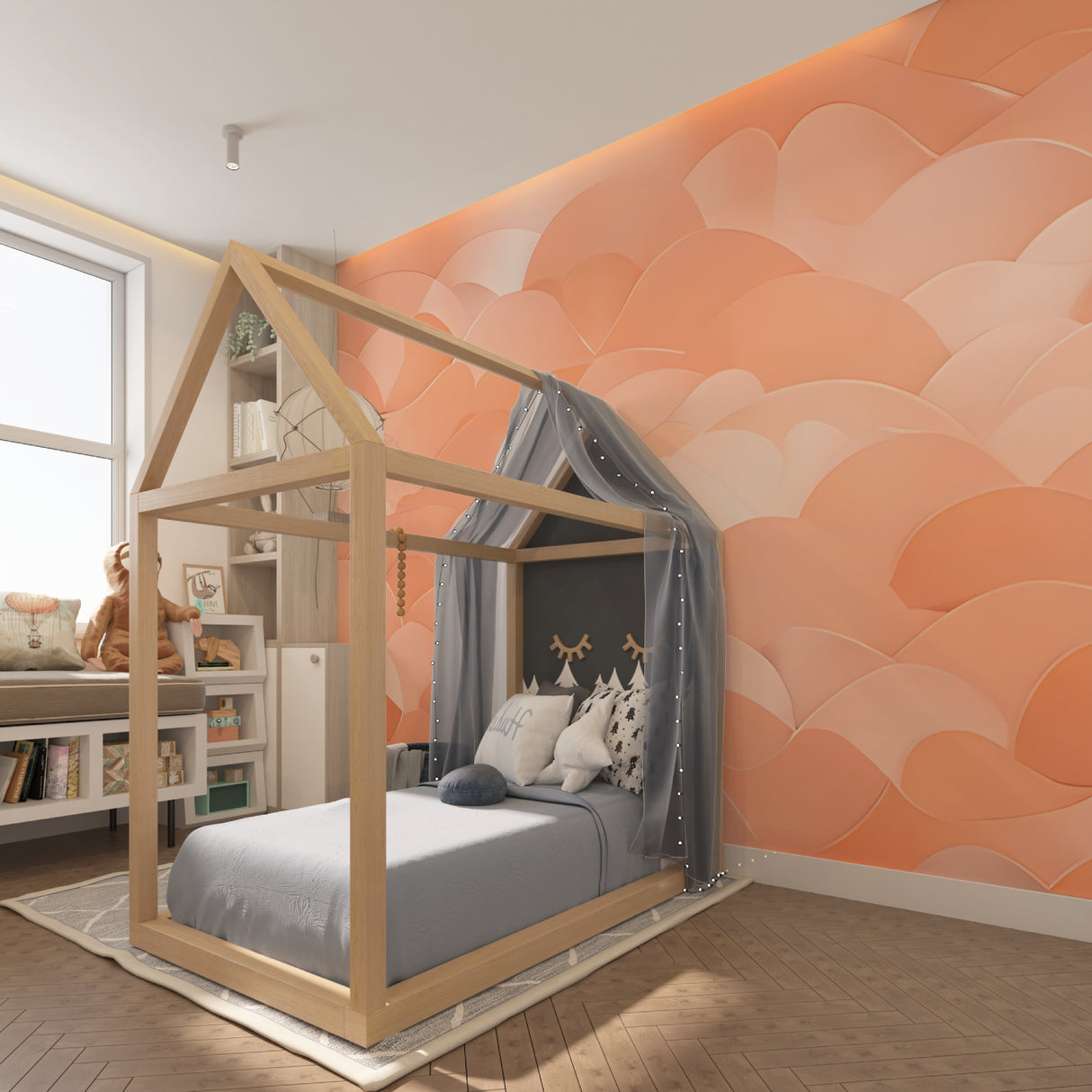 Flowing cloud pattern wallpaper adding movement to a hallway
