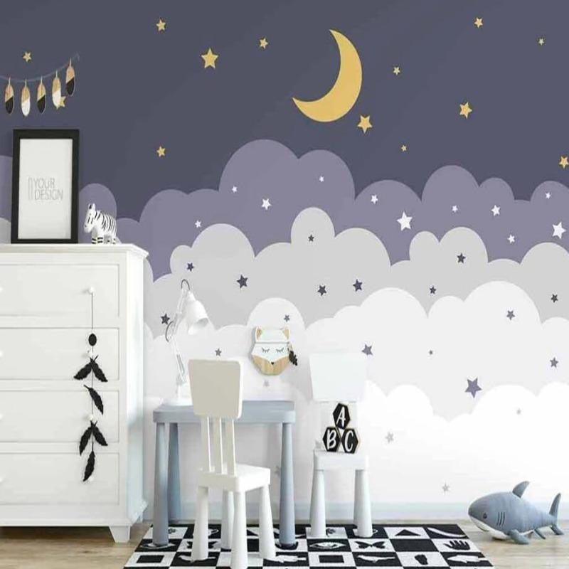 Starry night cloud wallpaper transforming a kids bedroom with soft lighting and playful decorations