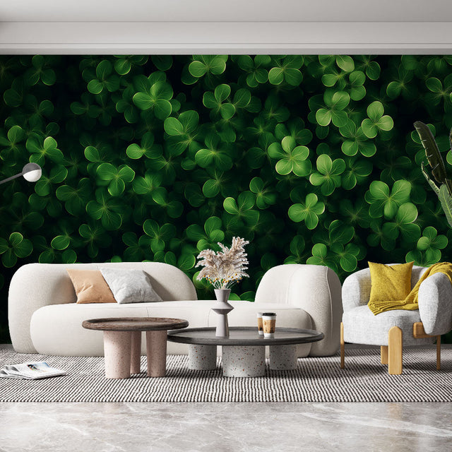 Green clover leaf wallpaper creating a fresh botanical atmosphere in a modern living room with natural light
