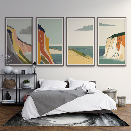 Coastal cliff wallpaper creates a stunning focal point in a modern living room with minimal furniture and natural light