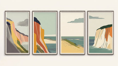 Abstract coastal landscape design file showing warm terracotta cliffs and sage-green waters