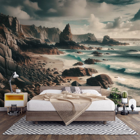 Coastal landscape wallpaper creating a stunning focal point in a modern living room with natural light