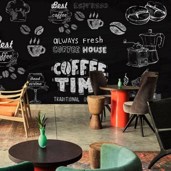 Coffee shop wallpaper mural styled in modern kitchen with black and white chalk design