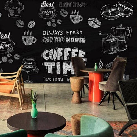 Coffee shop wallpaper mural styled in modern kitchen with black and white chalk design
