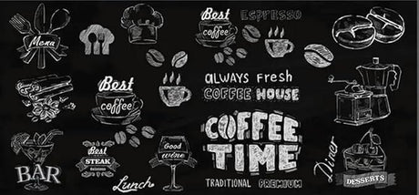 Coffee house chalkboard design file showing detailed black and white pattern