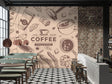 Coffee shop wallpaper creating a cozy atmosphere in modern kitchen space with morning light streaming through windows