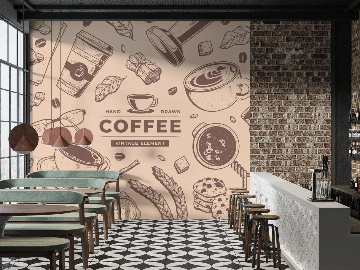 Coffee shop wallpaper creating a cozy atmosphere in modern kitchen space with morning light streaming through windows