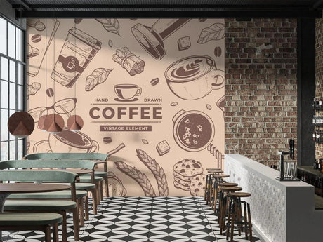 Coffee shop wallpaper creating a cozy atmosphere in modern kitchen space with morning light streaming through windows