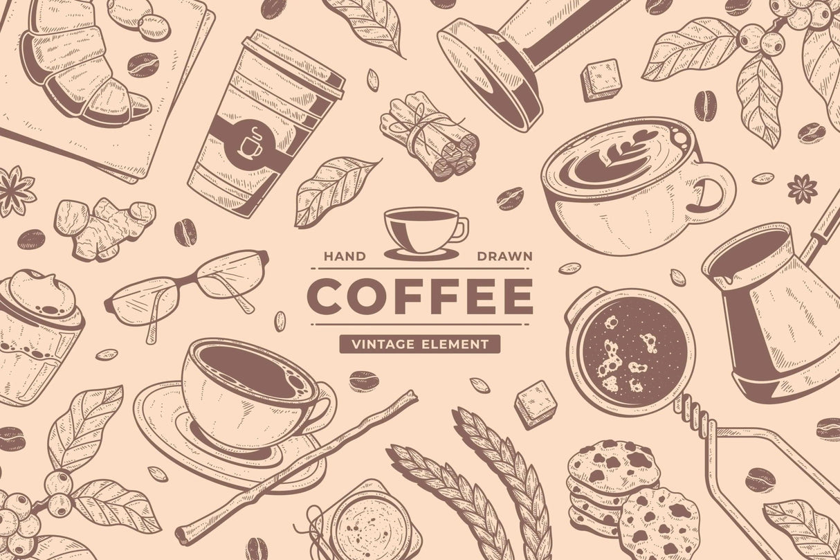 Coffee mural wallpaper design file showing vintage cafe pattern with hand-drawn elements