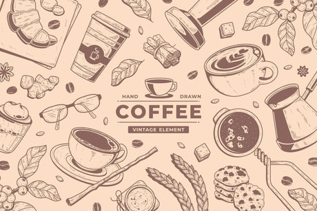 Coffee mural wallpaper design file showing vintage cafe pattern with hand-drawn elements