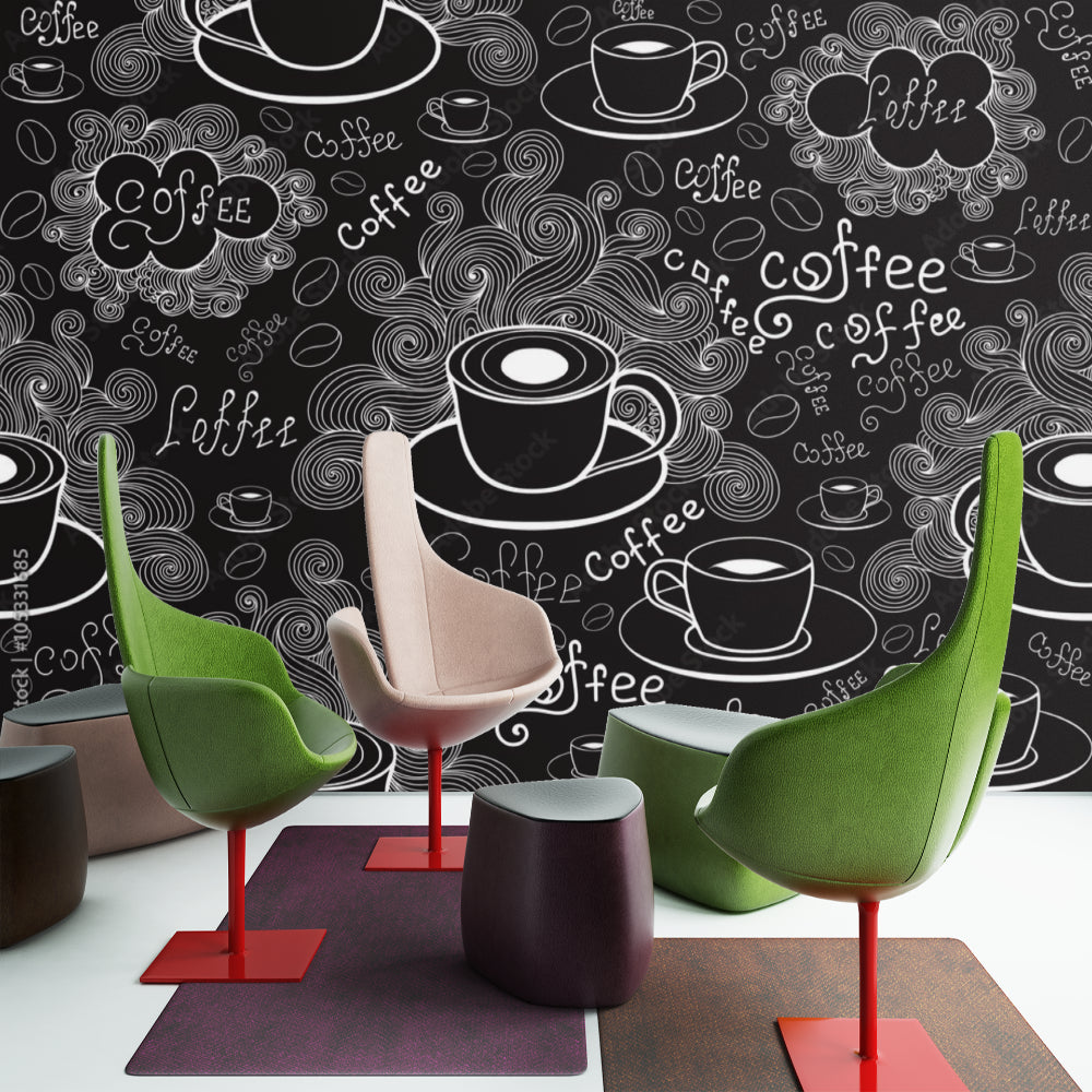 Coffee shop wallpaper mural shown in modern kitchen space, creating an inviting cafe atmosphere with black and white design