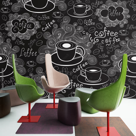 Coffee shop wallpaper mural shown in modern kitchen space, creating an inviting cafe atmosphere with black and white design
