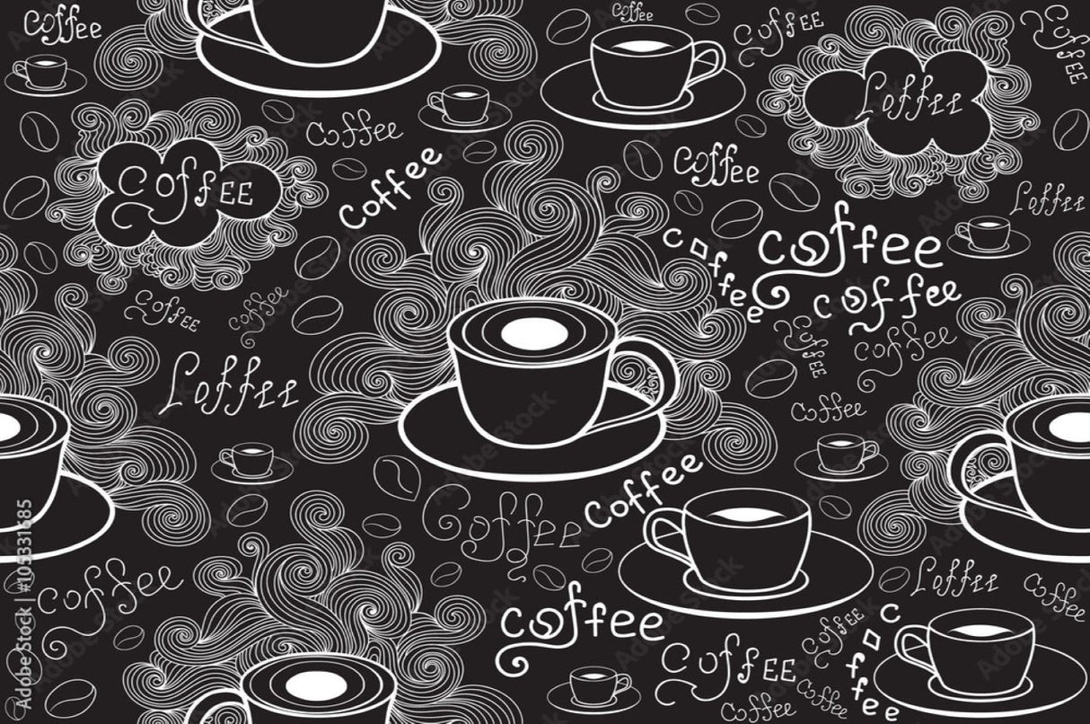 Coffee shop pattern design file showing detailed black and white coffee illustrations and typography