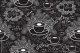 Coffee shop pattern design file showing detailed black and white coffee illustrations and typography