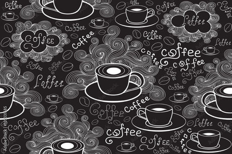Coffee shop pattern design file showing detailed black and white coffee illustrations and typography