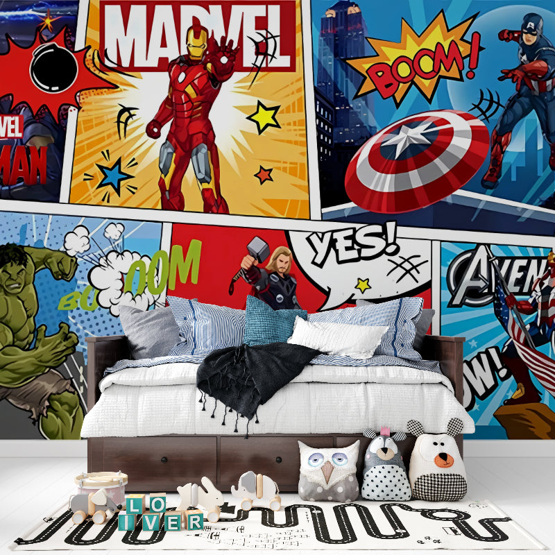 Comic book wallpaper transforming teen bedroom with action scenes