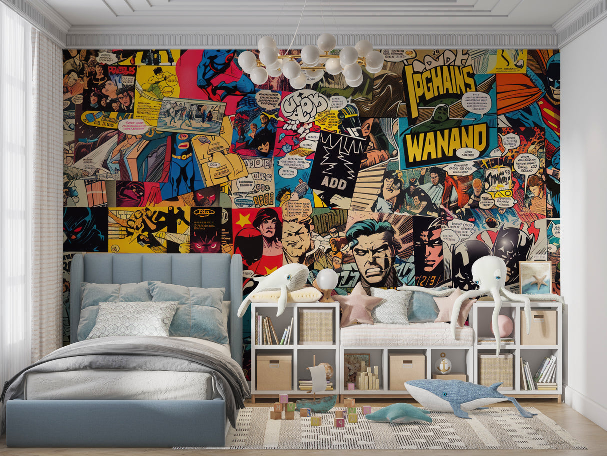 Comic strip wallpaper energizing game room with action scenes
