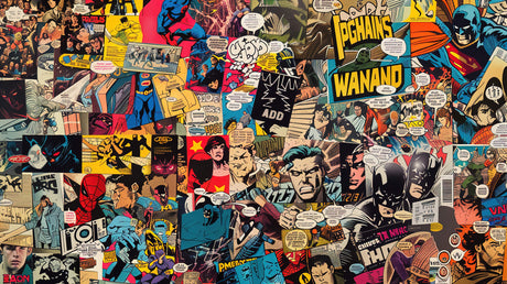 Design file showing complete comic book superhero pattern with vibrant colors and action scenes