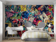 Comic book wallpaper mural in modern gaming room showing vibrant superhero design with dramatic lighting