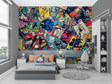Home office space with vintage comic book wallpaper creating dynamic atmosphere