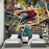 Comic book mural wallpaper bringing life to a modern teen bedroom with dynamic superhero action scenes