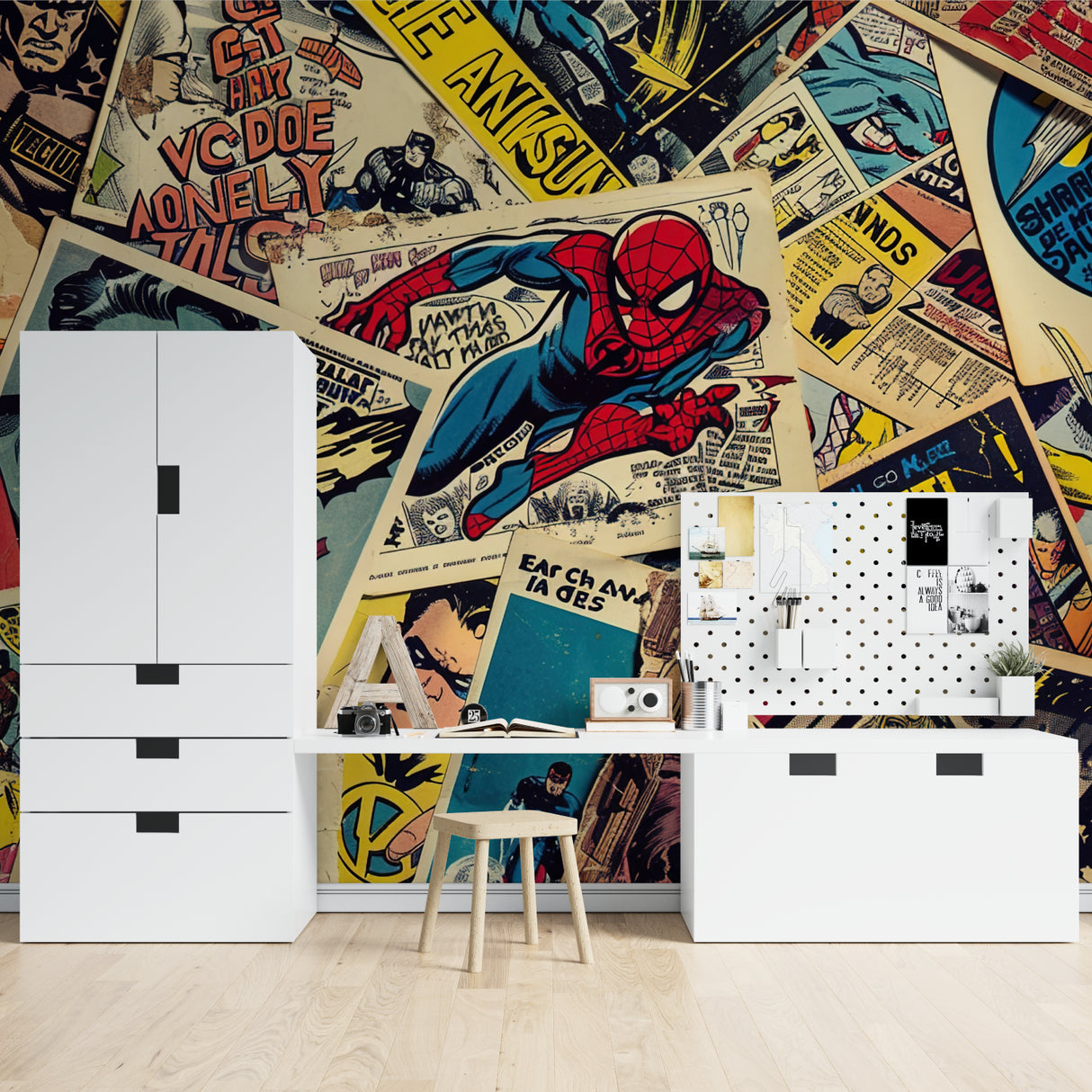 Retro superhero wallpaper transforming a home office with bold comic book style