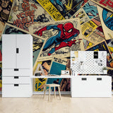 Retro superhero wallpaper transforming a home office with bold comic book style