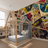 Comic book wall mural adding character to a contemporary living room space