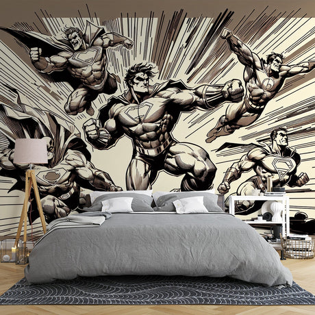 Comic book wallpaper mural showcased in a modern teen bedroom, creating an epic superhero atmosphere with dynamic black and white design