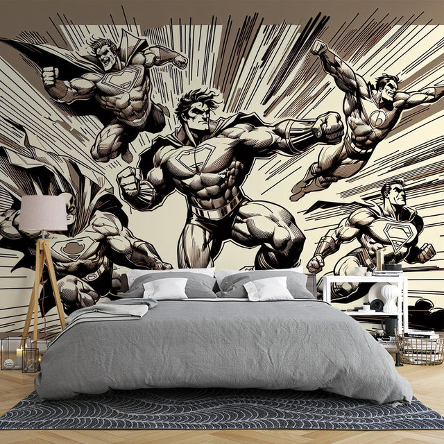 Comic book wallpaper mural showcased in a modern teen bedroom, creating an epic superhero atmosphere with dynamic black and white design